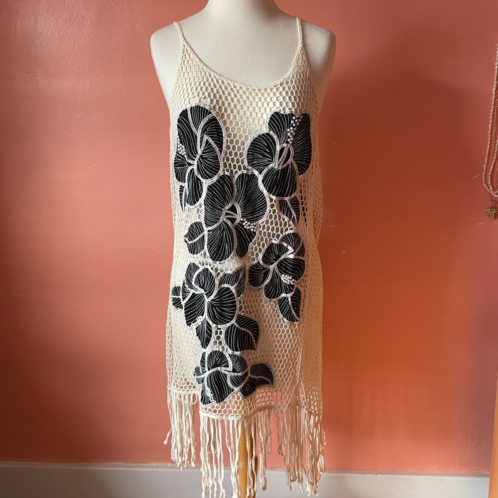 Beach Cover-Up Crochet Natural Cream with Black Floral Design and Fringe